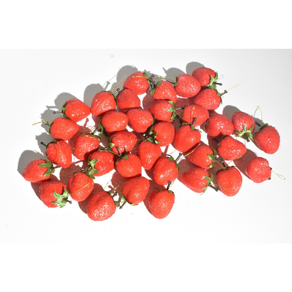 36 Vintage Retro glitter Sugar Frosted Strawberry Christmas Ornaments 2" w/ stem